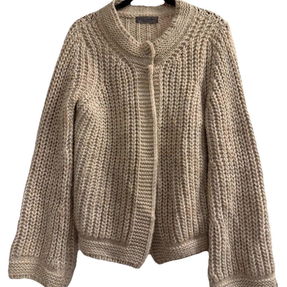 Elsamanda Italy Beige Wool Alpaca Blend Wide Knit Cardigan Size Small Chunky